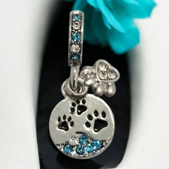 Paw Print Bracelet Charm 🐾 Pet Blue Rhinestone Dangle Cat Dog Mom Disc Pendant - Picture 2 of 5